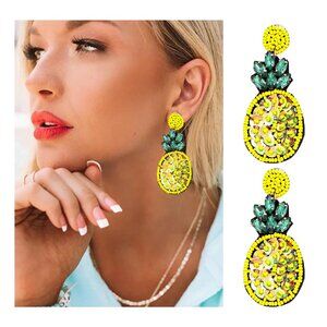 Rhinestone Crystal Seed Bead Sequin Resort Tropical Fruit Statement Earrings NEW